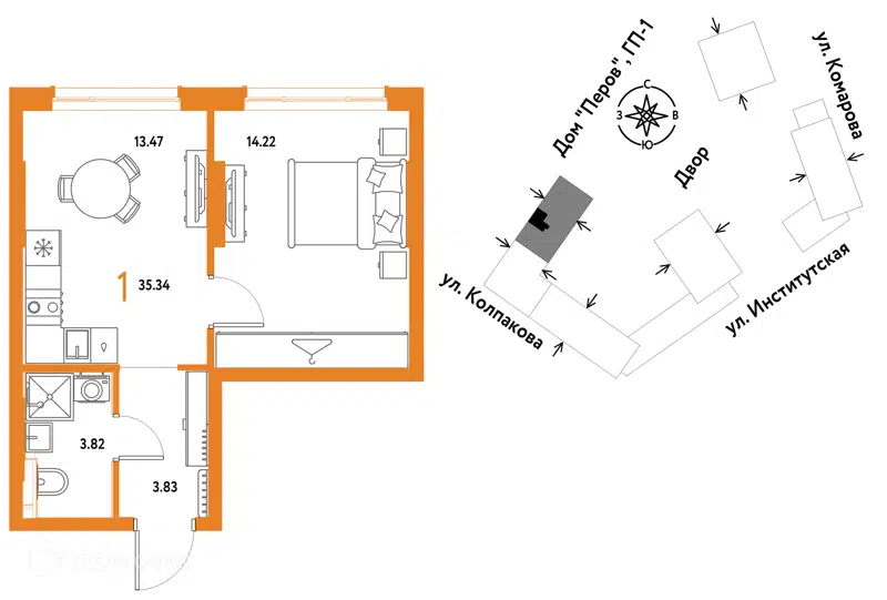 1-комнатная квартира 35.34 м² Страна.Парковая