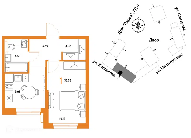 1-комнатная квартира 35.36 м² Страна.Парковая