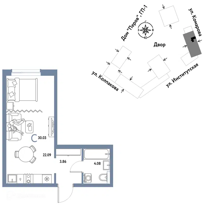 1-комнатная квартира 30.03 м² Страна.Парковая