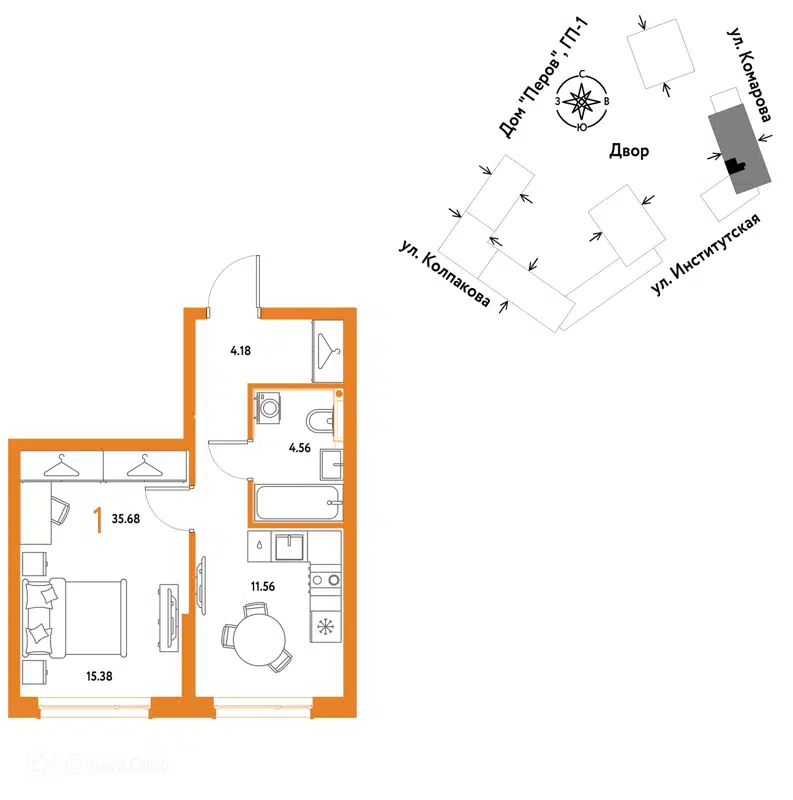 1-комнатная квартира 35.68 м² Страна.Парковая