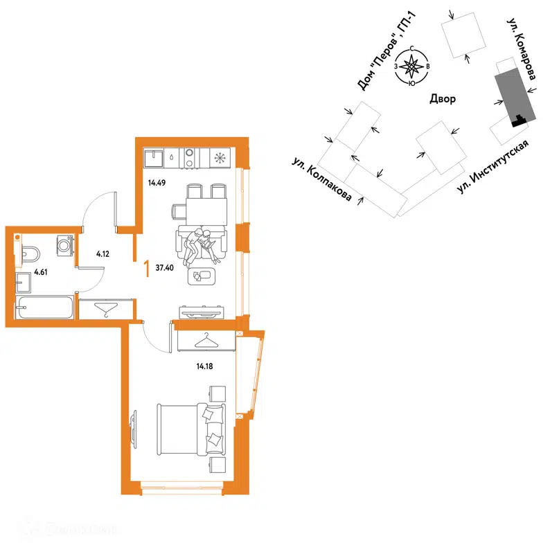 1-комнатная квартира 37.4 м² Страна.Парковая