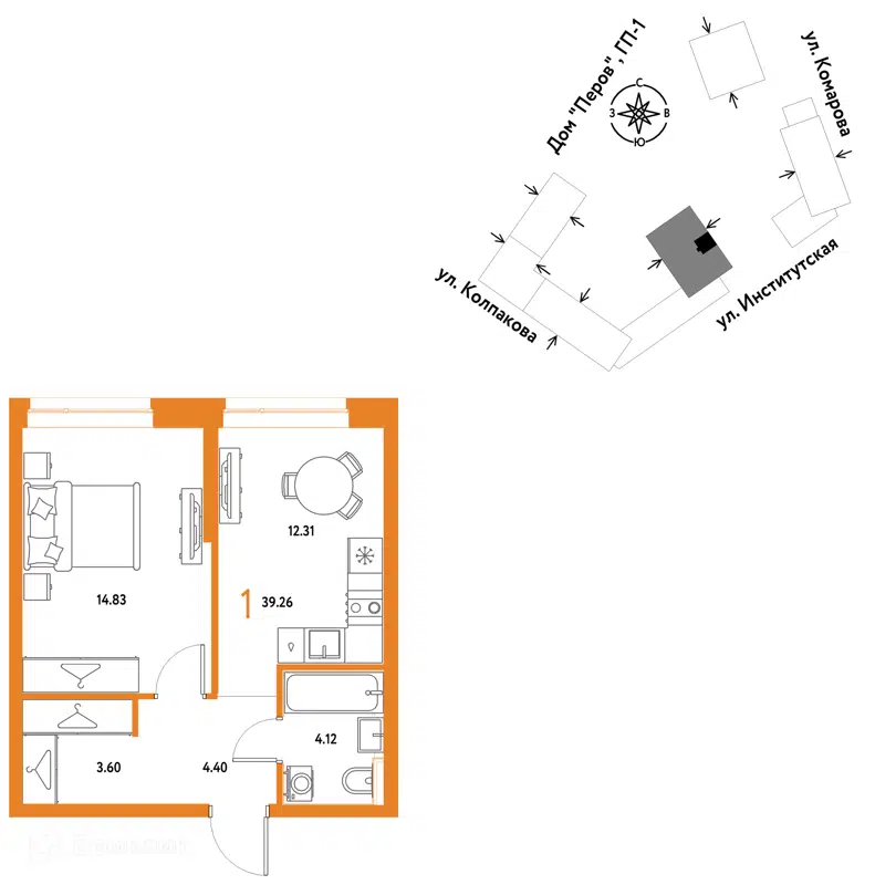 1-комнатная квартира 39.26 м² Страна.Парковая