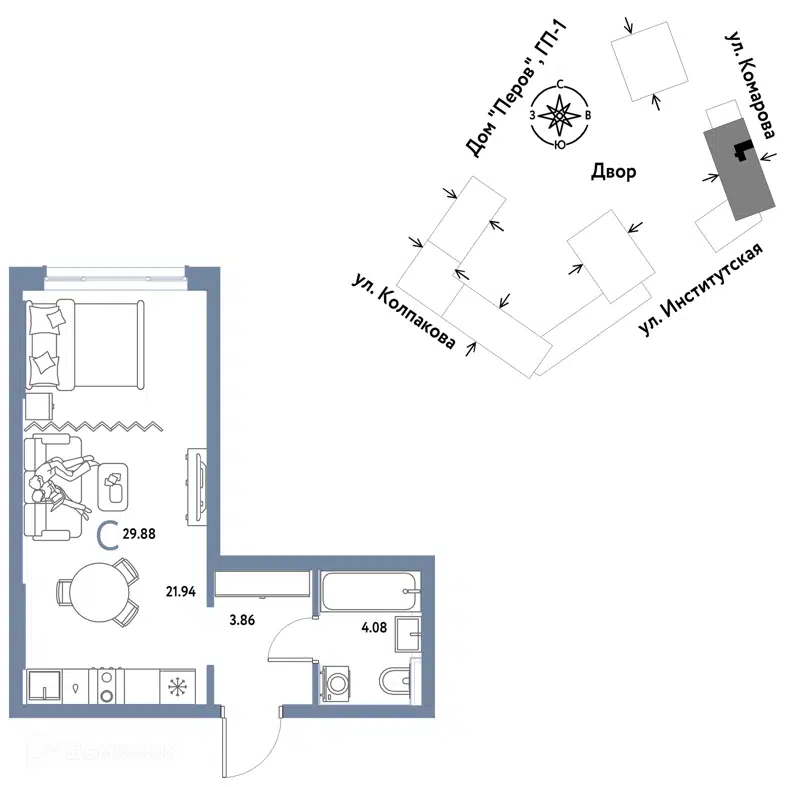 1-комнатная квартира 29.88 м² Страна.Парковая