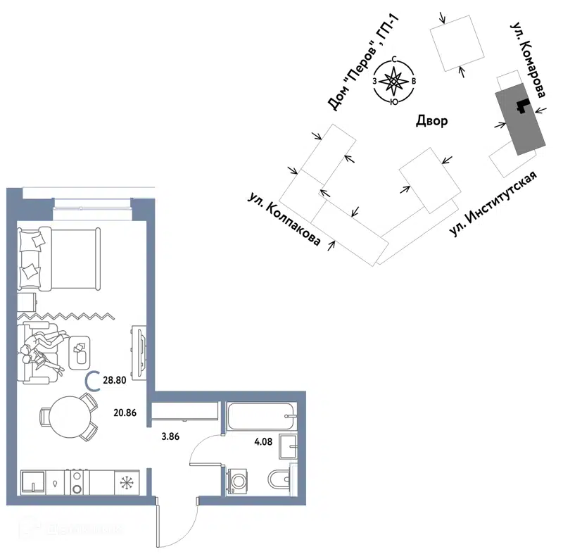 1-комнатная квартира 28.8 м² Страна.Парковая