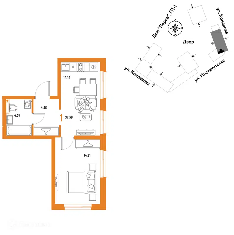 1-комнатная квартира 37.59 м² Страна.Парковая