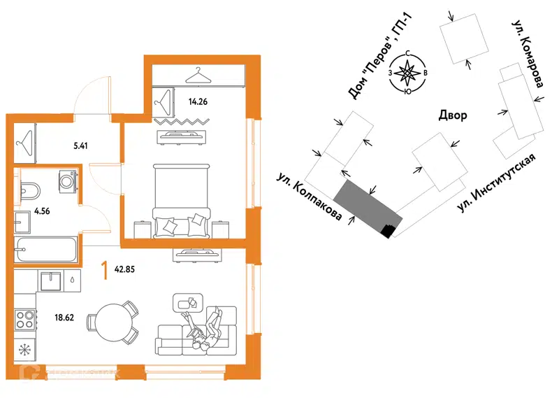 1-комнатная квартира 42.85 м² Страна.Парковая