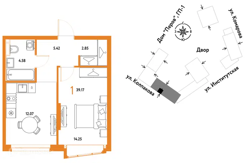 1-комнатная квартира 39.17 м² Страна.Парковая