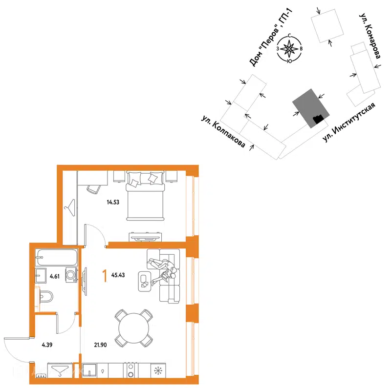 1-комнатная квартира 45.43 м² Страна.Парковая