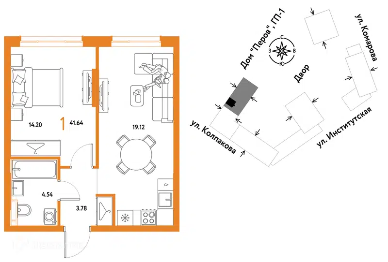 1-комнатная квартира 41.64 м² Страна.Парковая