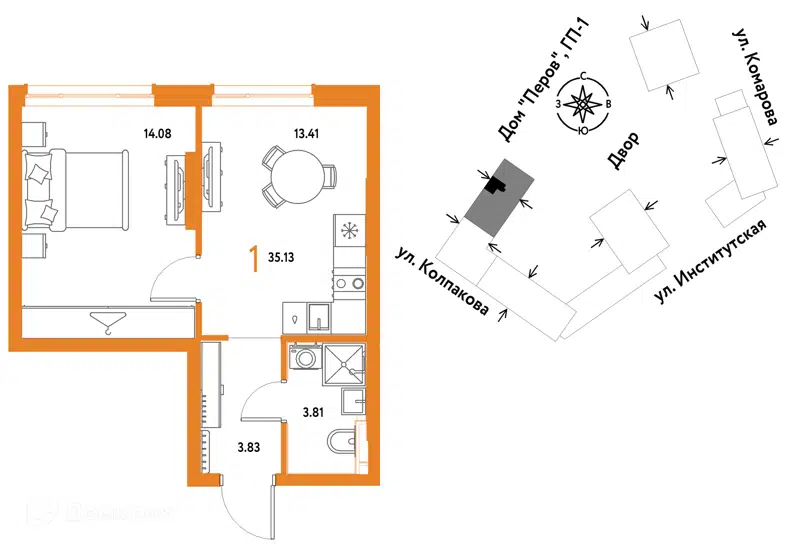 1-комнатная квартира 35.13 м² Страна.Парковая