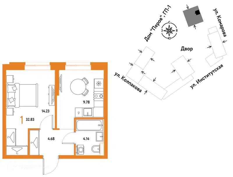 1-комнатная квартира 32.83 м² Страна.Парковая