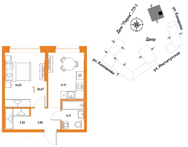 1-комнатная квартира 36.67 м² Страна.Парковая