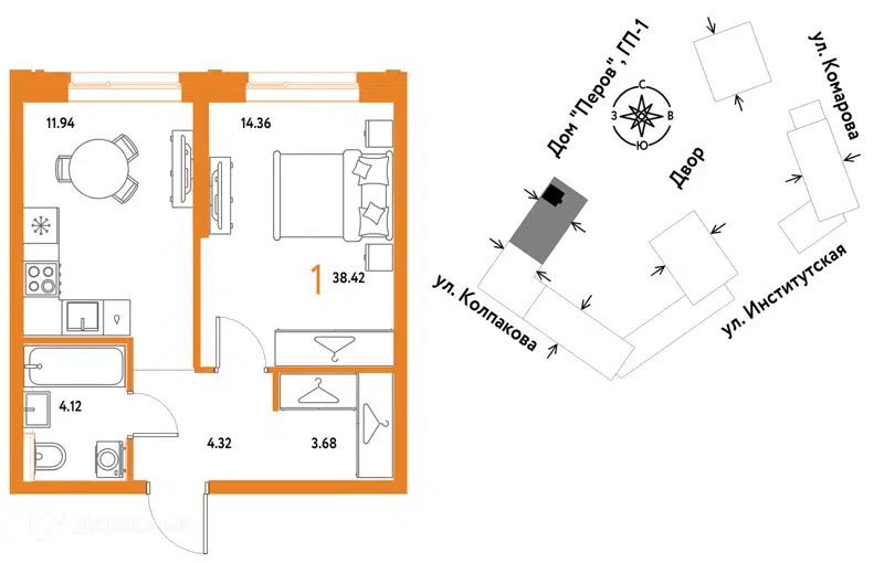 1-комнатная квартира 38.42 м² Страна.Парковая