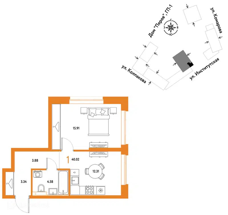 1-комнатная квартира 40.02 м² Страна.Парковая