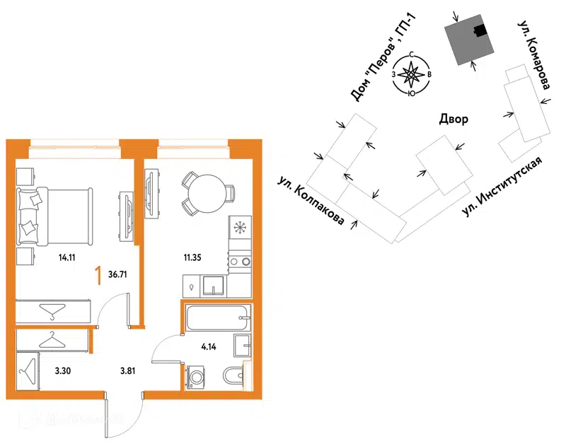 1-комнатная квартира 36.71 м² Страна.Парковая