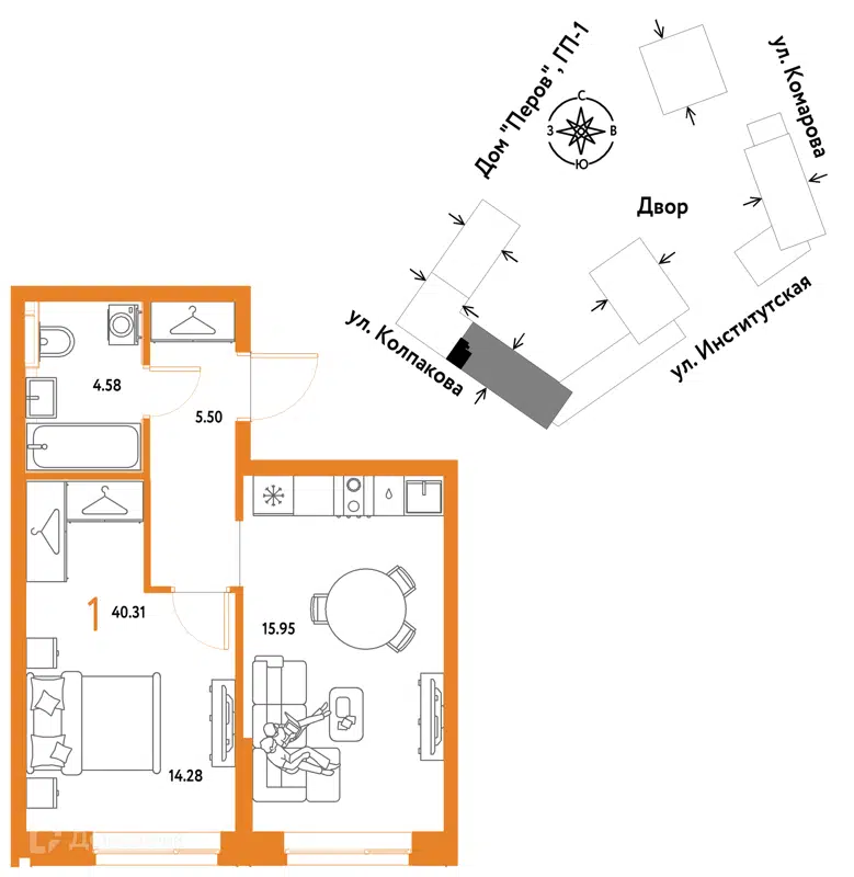 1-комнатная квартира 40.31 м² Страна.Парковая