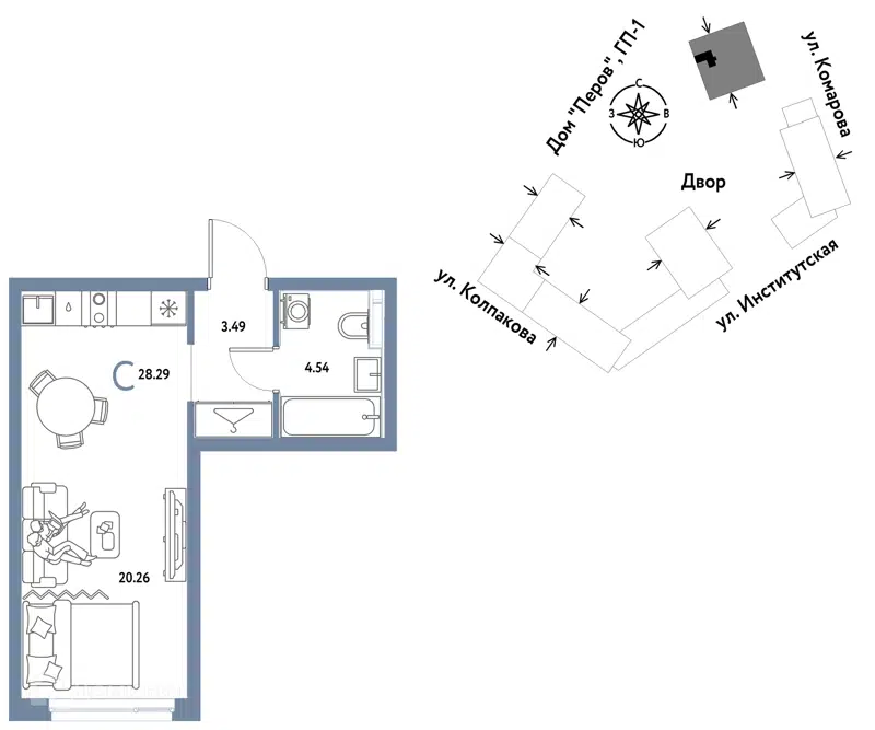 1-комнатная квартира 28.29 м² Страна.Парковая