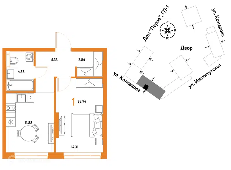 1-комнатная квартира 38.94 м² Страна.Парковая