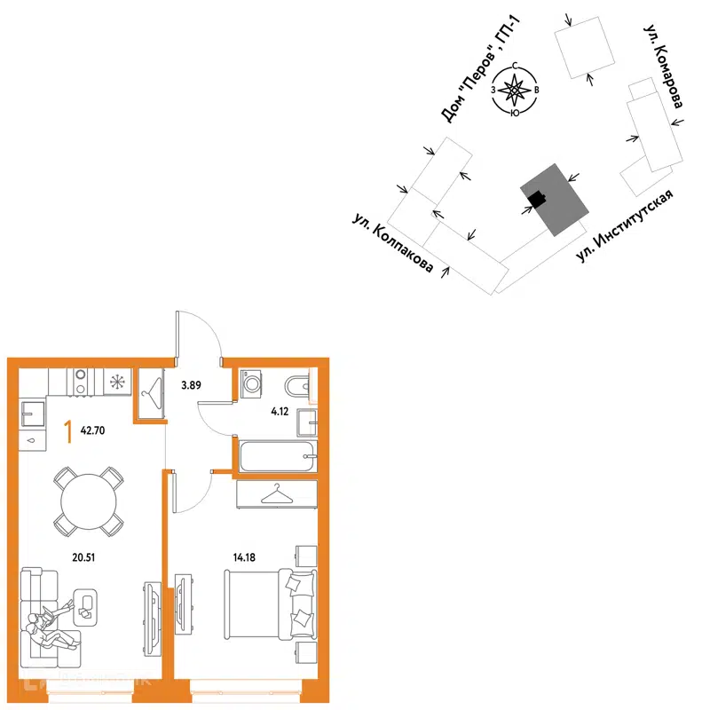 1-комнатная квартира 42.7 м² Страна.Парковая