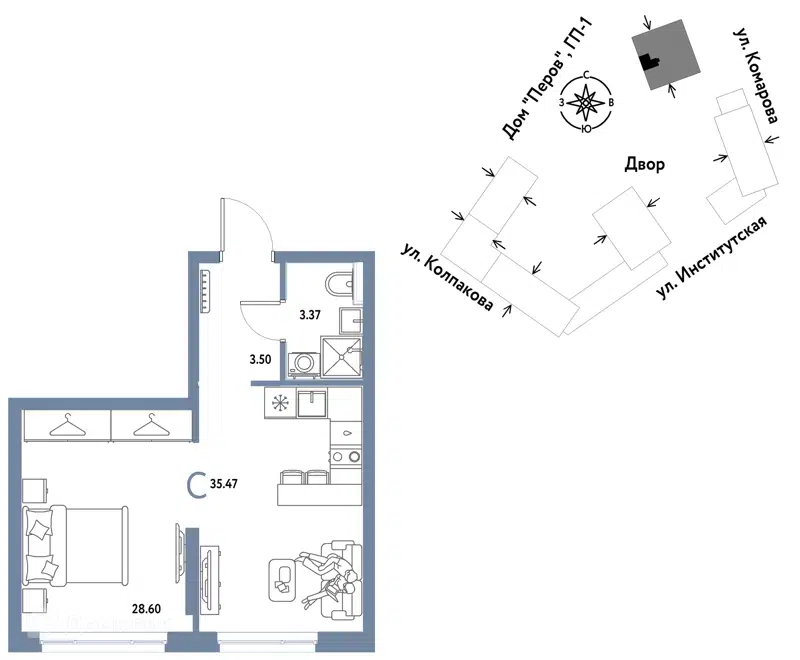 1-комнатная квартира 35.47 м² Страна.Парковая