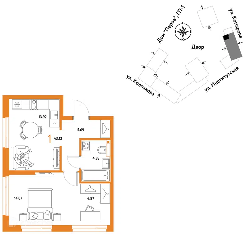 1-комнатная квартира 43.13 м² Страна.Парковая