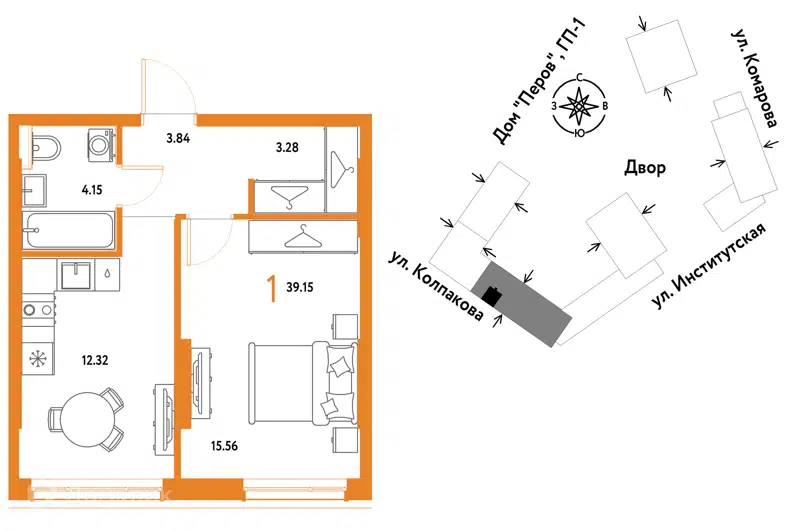 1-комнатная квартира 39.15 м² Страна.Парковая