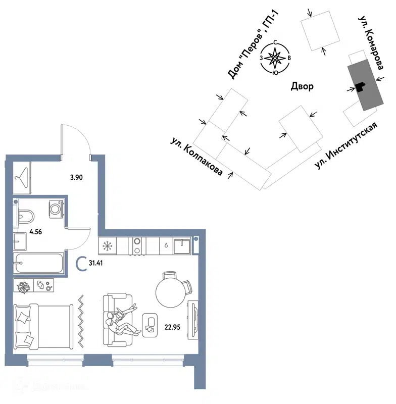 1-комнатная квартира 31.41 м² Страна.Парковая