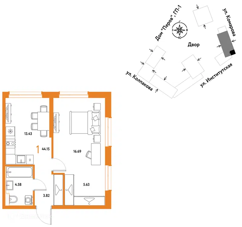 1-комнатная квартира 44.15 м² Страна.Парковая