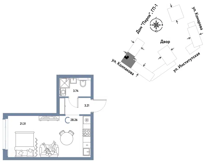 1-комнатная квартира 28.26 м² Страна.Парковая