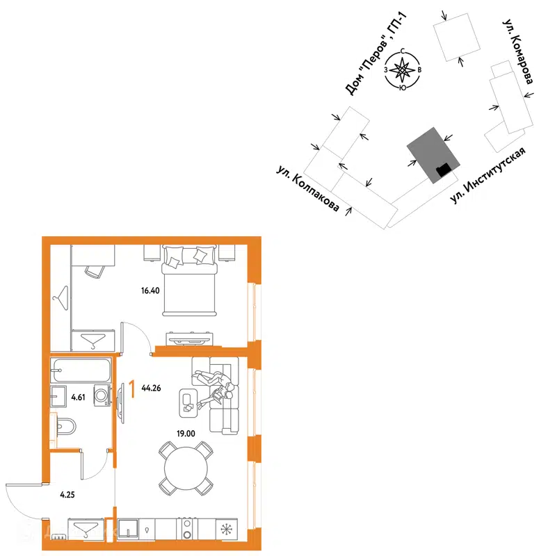 1-комнатная квартира 44.26 м² Страна.Парковая