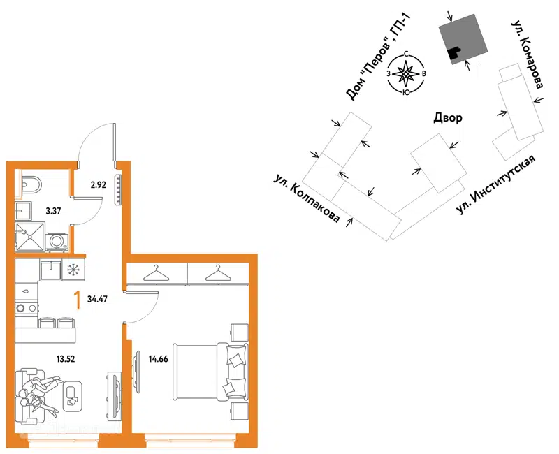 1-комнатная квартира 34.47 м² Страна.Парковая