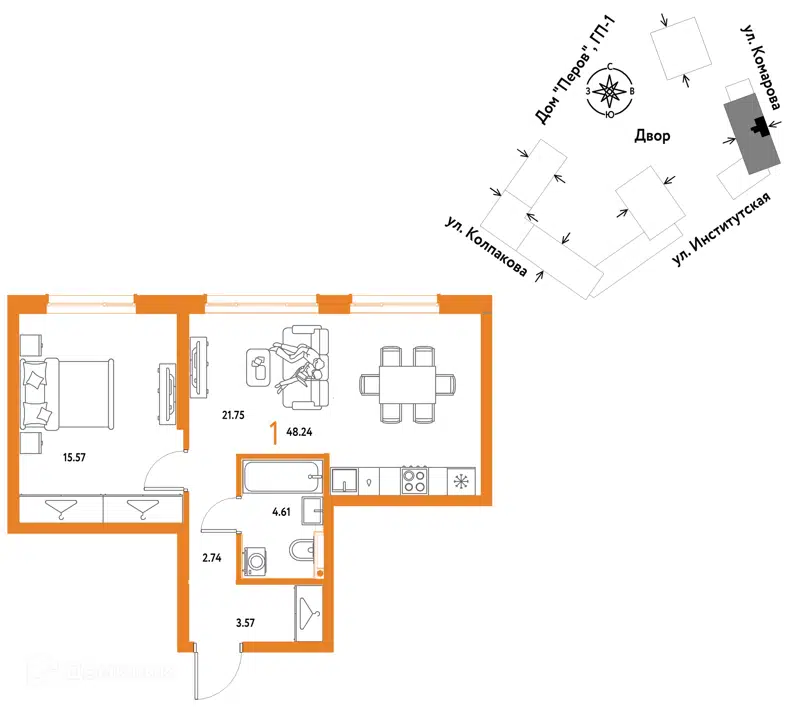 1-комнатная квартира 48.24 м² Страна.Парковая