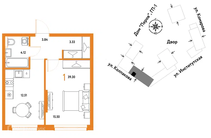 1-комнатная квартира 39.3 м² Страна.Парковая