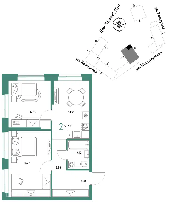 2-комнатная квартира 58.58 м² Страна.Парковая