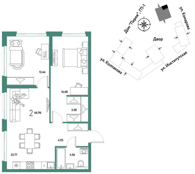 2-комнатная квартира 66.96 м² Страна.Парковая
