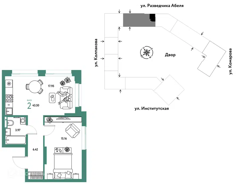 2-комнатная квартира 43.5 м² Страна.Парковая