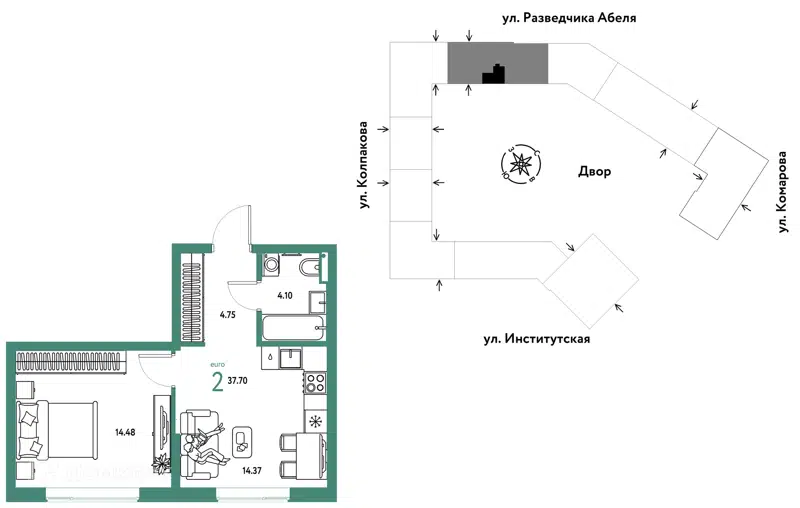 2-комнатная квартира 37.7 м² Страна.Парковая