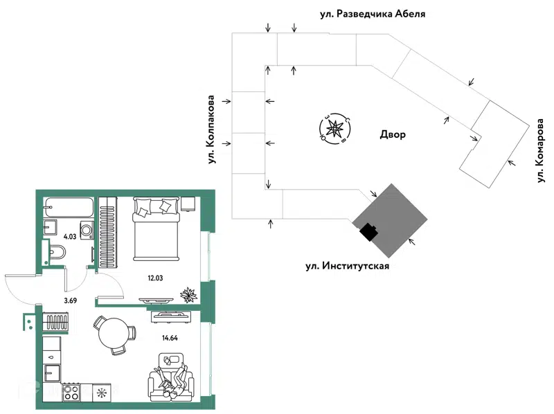 2-комнатная квартира 34.39 м² Страна.Парковая