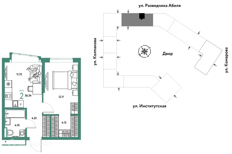 2-комнатная квартира 36.34 м² Страна.Парковая
