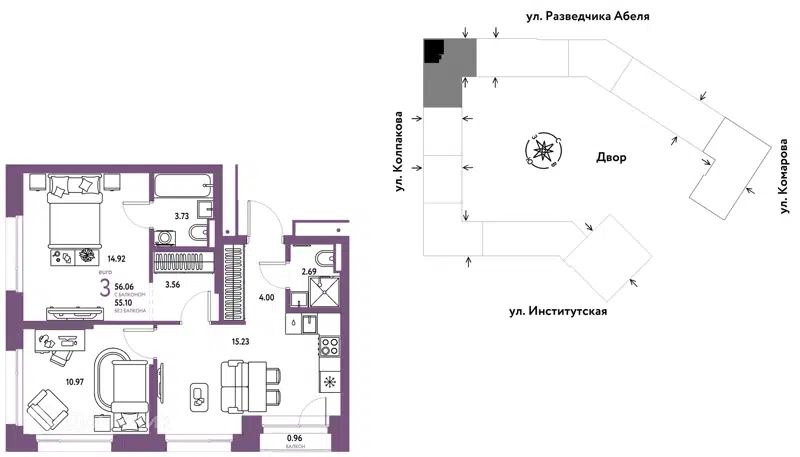3-комнатная квартира 56.06 м² Страна.Парковая