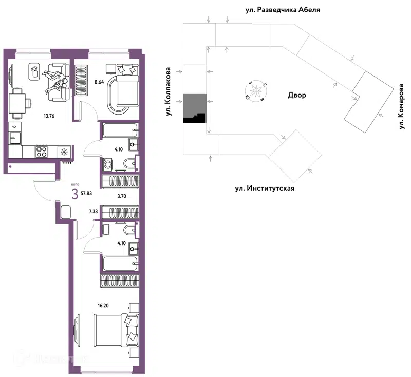 3-комнатная квартира 57.83 м² Страна.Парковая