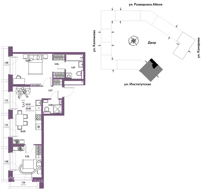3-комнатная квартира 62.61 м² Страна.Парковая