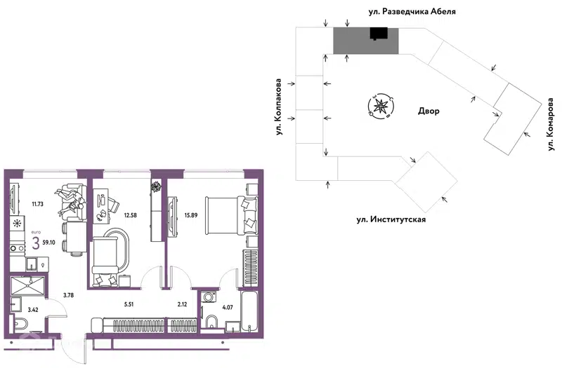 3-комнатная квартира 59.1 м² Страна.Парковая