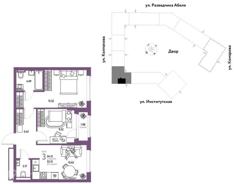 3-комнатная квартира 54.13 м² Страна.Парковая