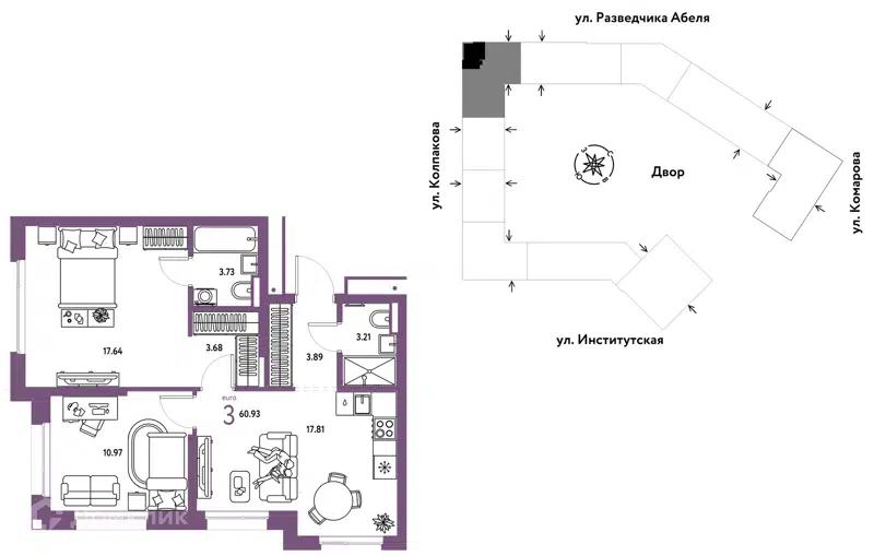 3-комнатная квартира 60.93 м² Страна.Парковая