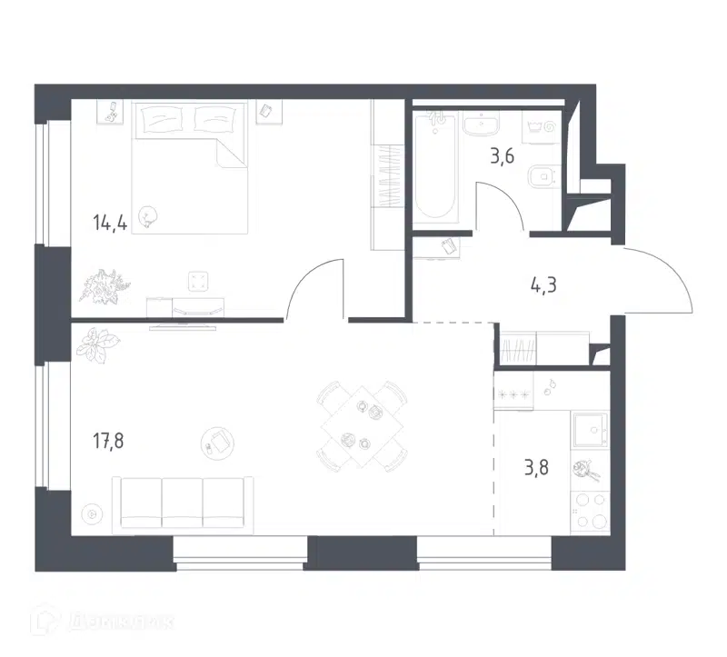 1-комнатная квартира 43.91 м² Верейская 41