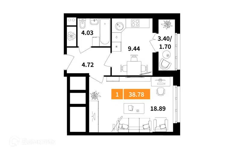 1-комнатная квартира 38.78 м² Планерный квартал