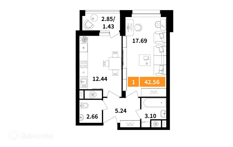 1-комнатная квартира 42.56 м² Планерный квартал