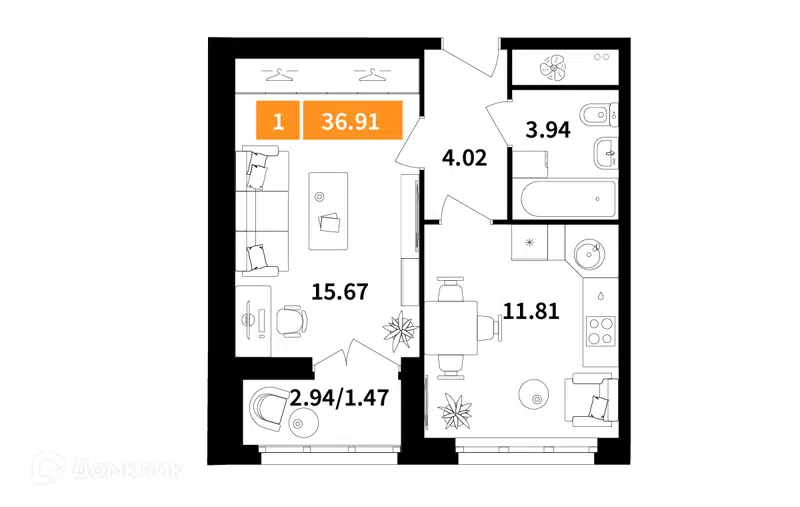 1-комнатная квартира 36.91 м² Планерный квартал