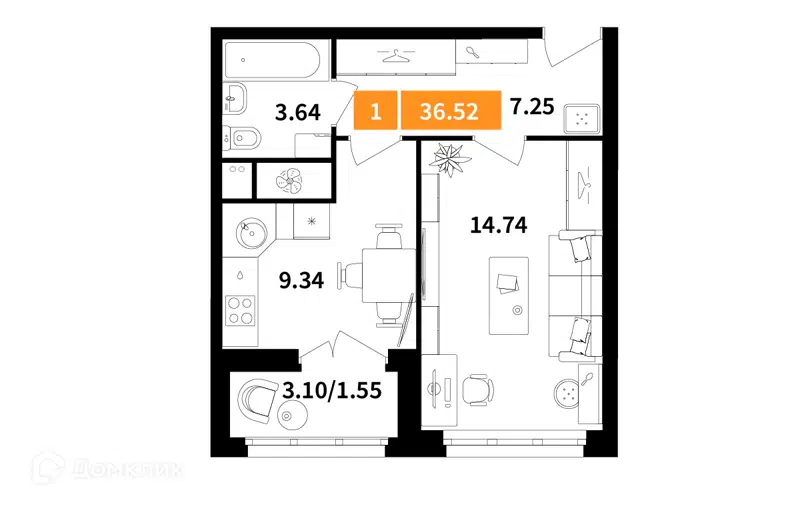 1-комнатная квартира 36.52 м² Планерный квартал
